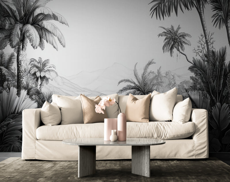 Papier Peint Tropical - Plantes Exotiques Noir Et Blanc