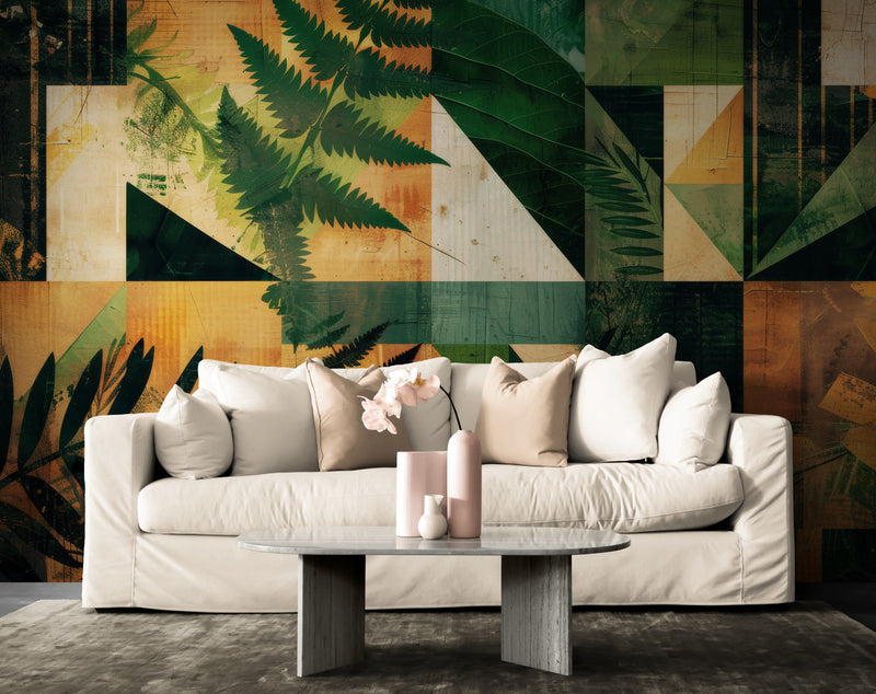 Papier Peint Moderne - Feuillage Tropical Géométrique