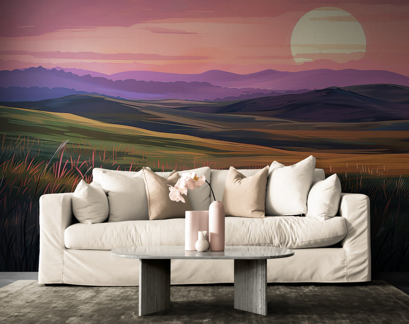 Papier Peint Paysage - Plaine Coucher De Soleil