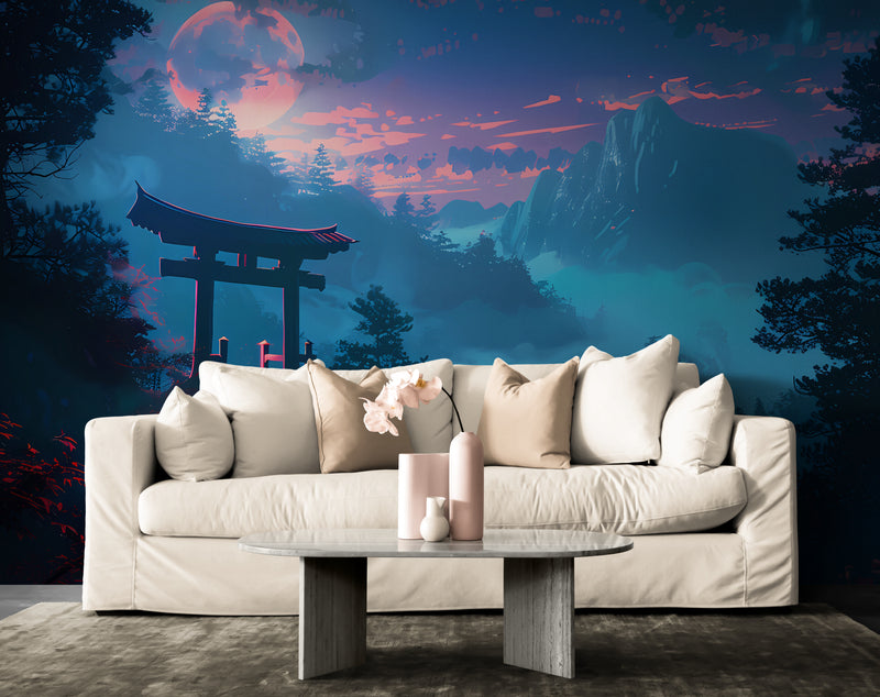 Papier Peint Japonais - Montagnes Bleues Sous La Brume