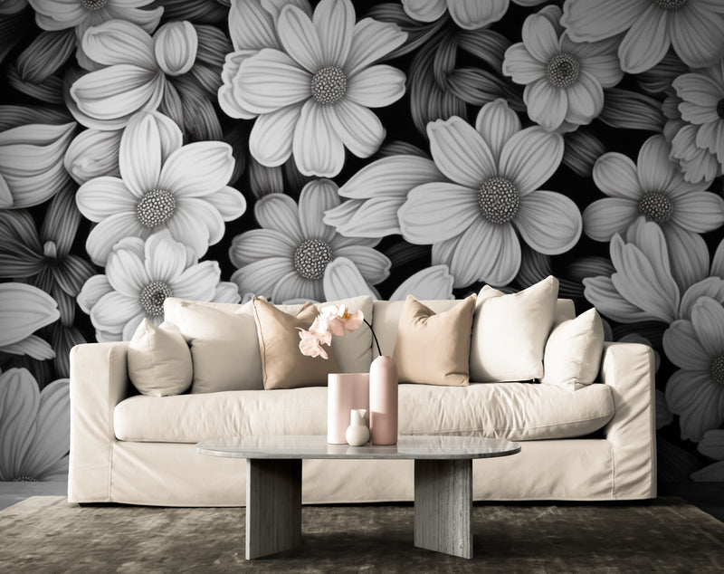Papier Peint Moderne - Fleurs Noir Et Blanc