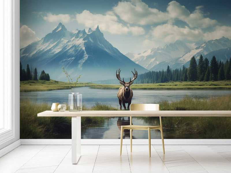 Papier Peint Paysage - Cerf dans l'eau