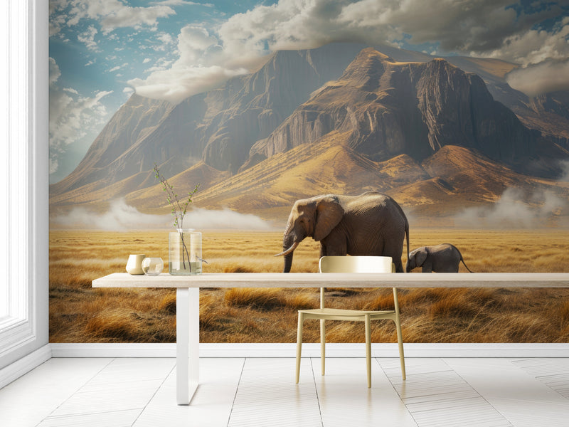 Savannah Wallpaper - Elephants and Mountains
