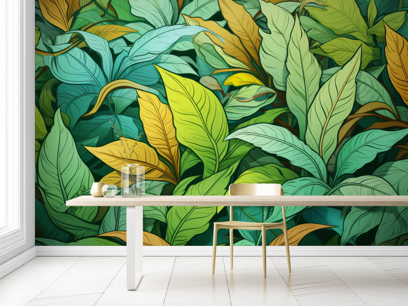 Papier Peint Rétro - Feuillage Vert