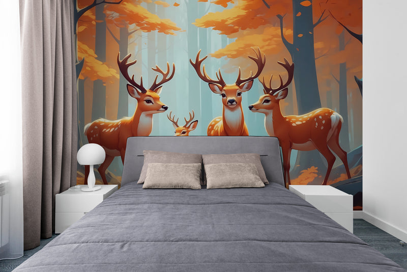 Papier Peint Nature - Cerfs Et Biche En Harmonie