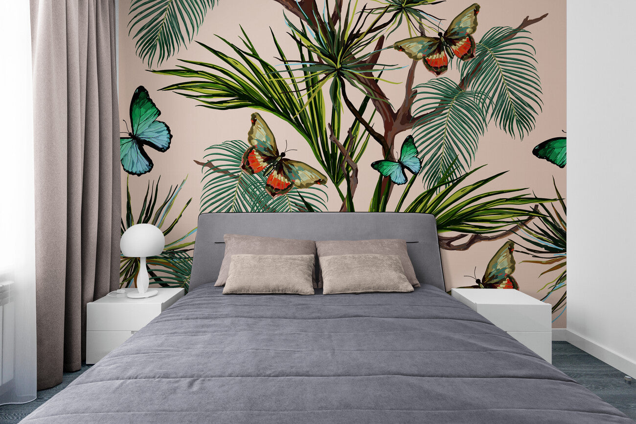 Tropical Wallpaper - Exotic Butterflies and Palm Trees