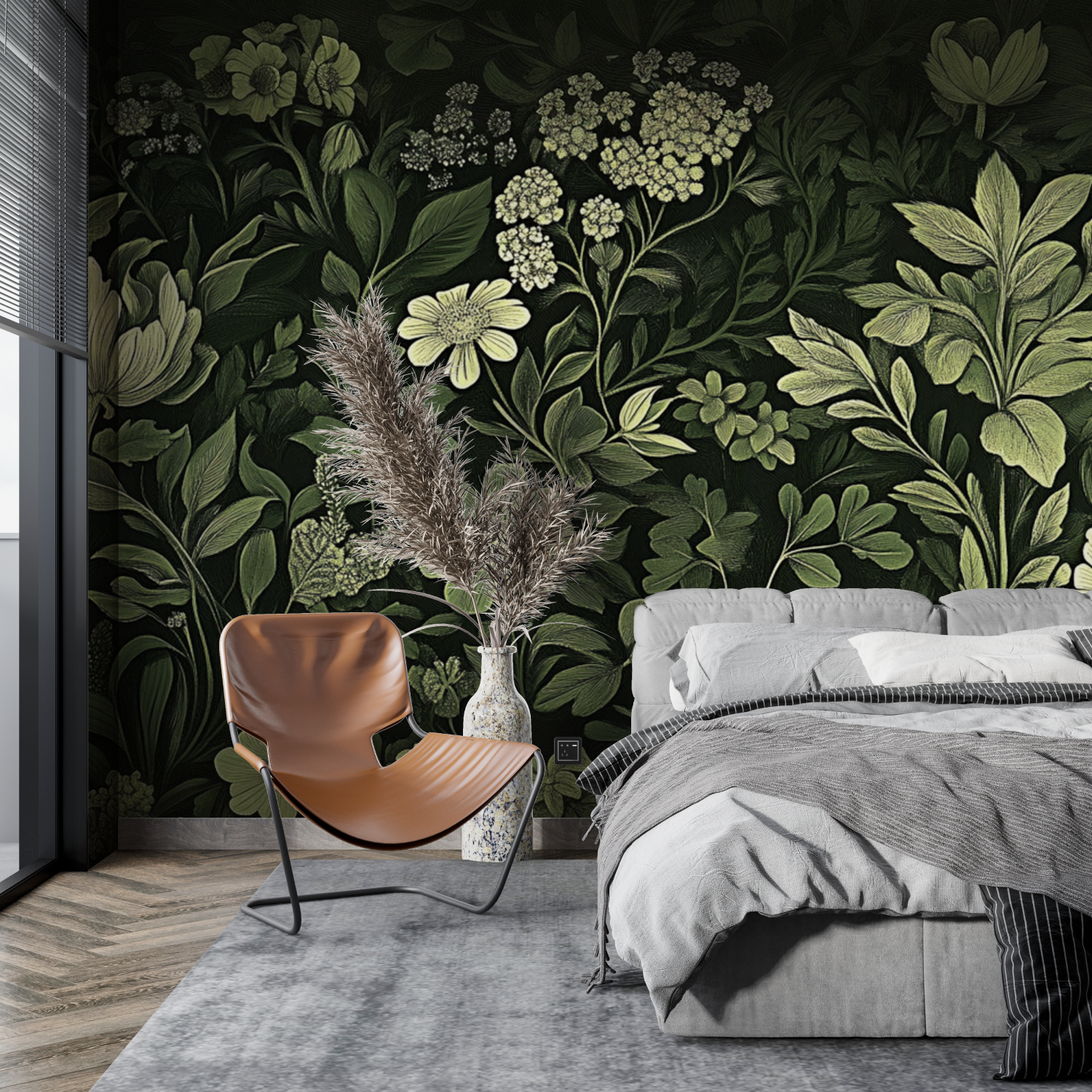Floral Wallpaper - Olive Green Night Flower Garden