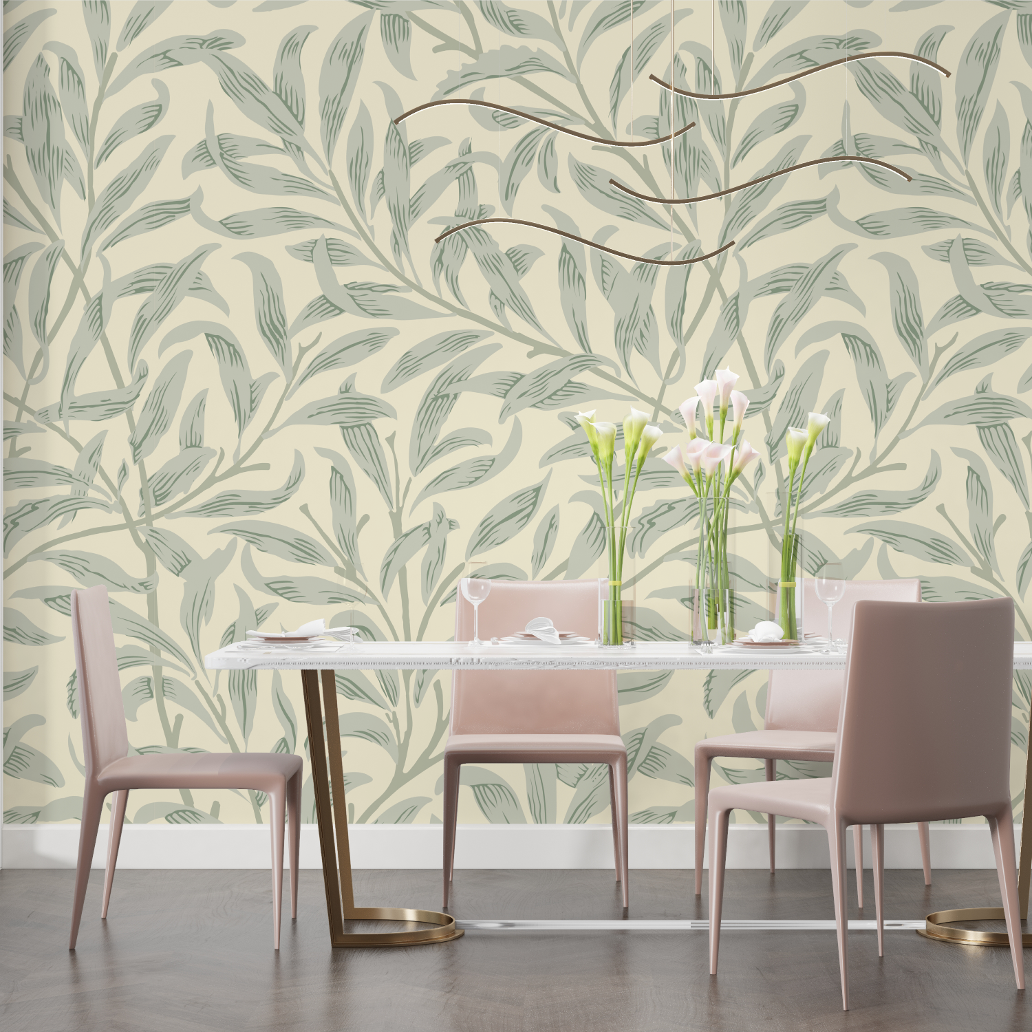 Vintage Wallpaper - Delicate Beige and Green Branches