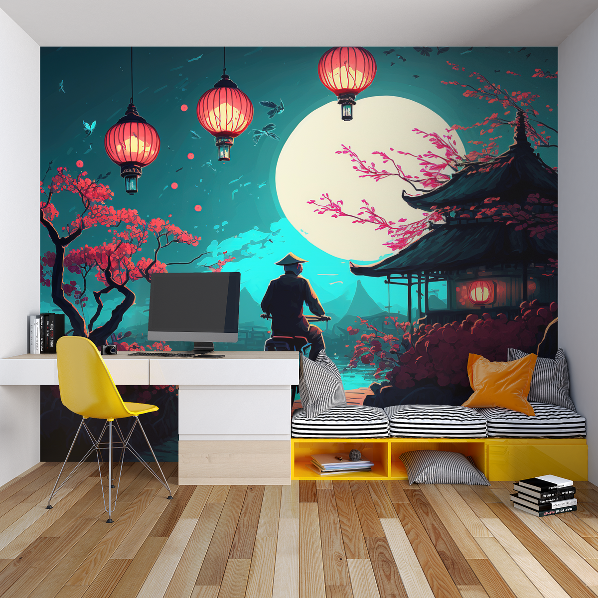 Tapet med illustration - Japansk pagode under månen