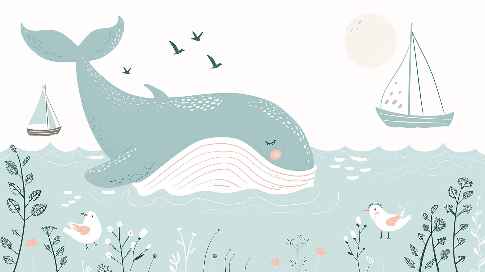 Children's Wallpaper - Dreamy Whale and Birds