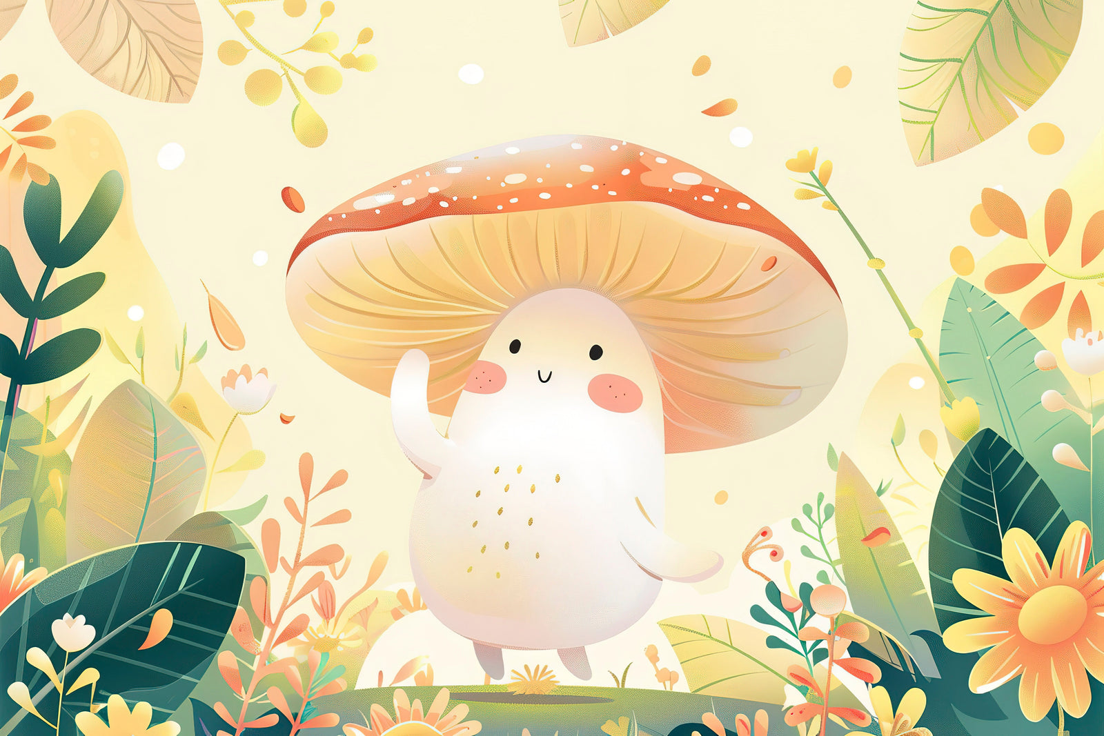 Children's Wallpaper – Smiling Mushroom in a Dreamlike Garden