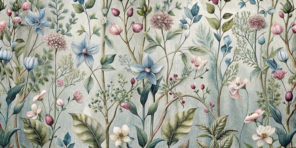 Papier peint fleuri - herbes folles aquarelle