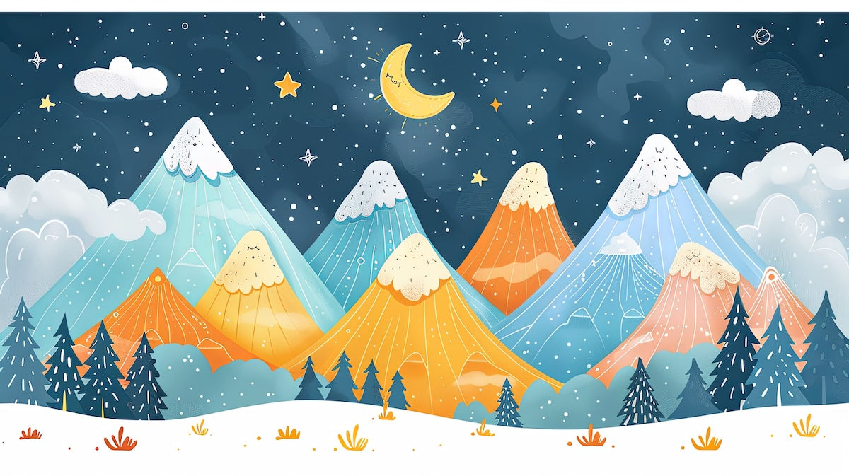 Papier peint enfants - montagnes bleues et ciel étoilé