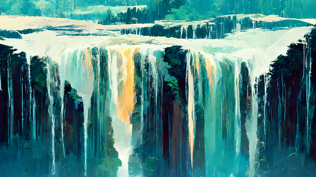 Papier peint cascade - Grande cascade aux reflets bleus et jaunes