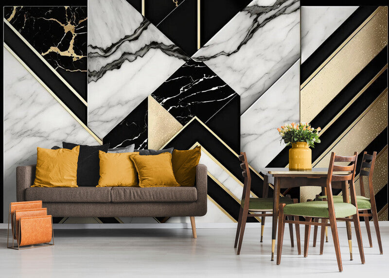 Papier Peint Motifs Géométriques - Marbre Noir Et Blanc
