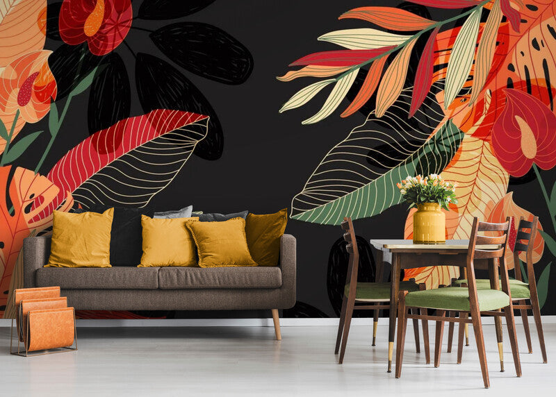 Papier Peint Feuillage - Plantes Tropicales Sur Fond Noir