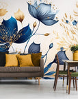 Papier Peint Contemporain - Floral Bleu Et Jaune