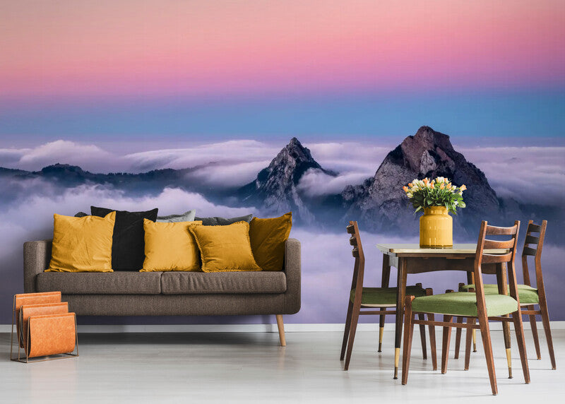 Papier Peint Paysage - Montagnes Et Ciel Rose