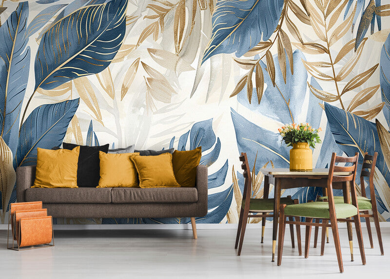 Papier Peint Design - Feuillage Tropical Gris Bleu Et Doré