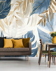 Papier Peint Design - Feuillage Tropical Gris Bleu Et Doré
