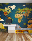 Children's Wallpaper - Illustrated World Map on a Night Blue Background