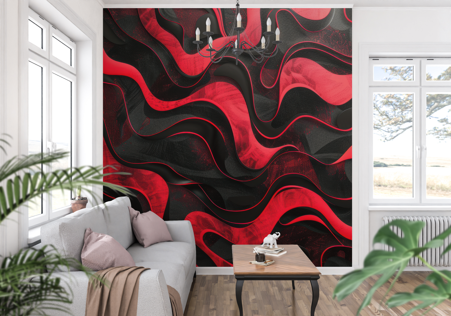 Papier Peint Art & Déco - Vagues de Magma Rouge et Noir