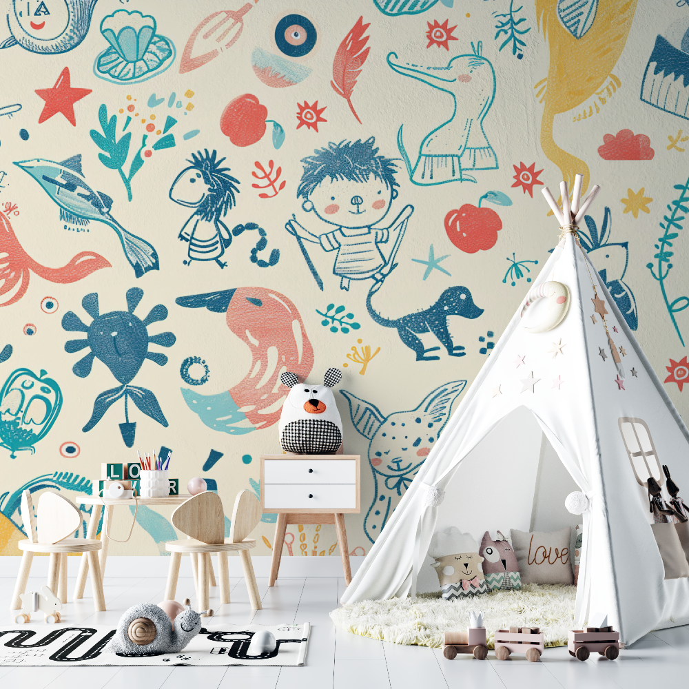 Children's Wallpaper - Fantasy Mosaic of Colorful Creatures