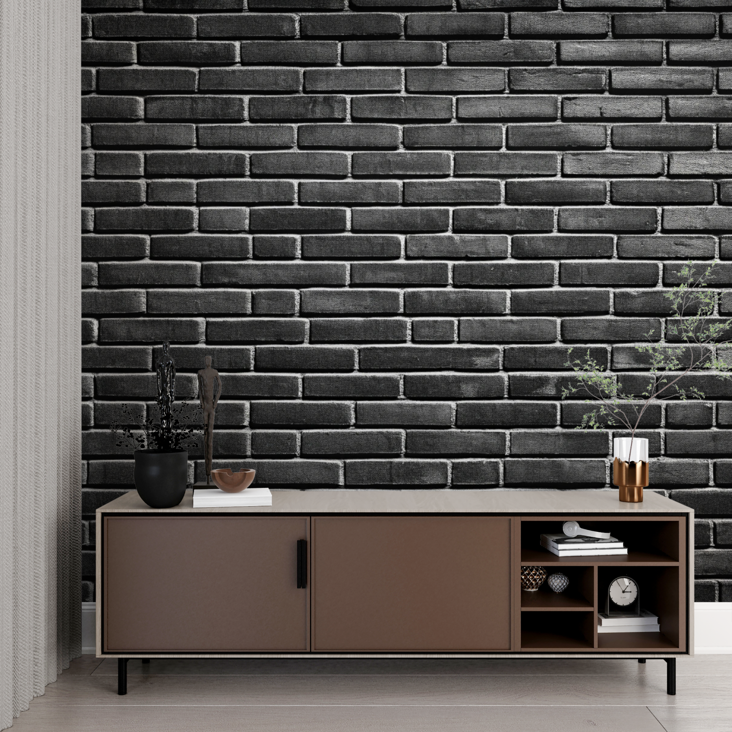 Papier Peint Pierre - Mur de Briques Noir Mat