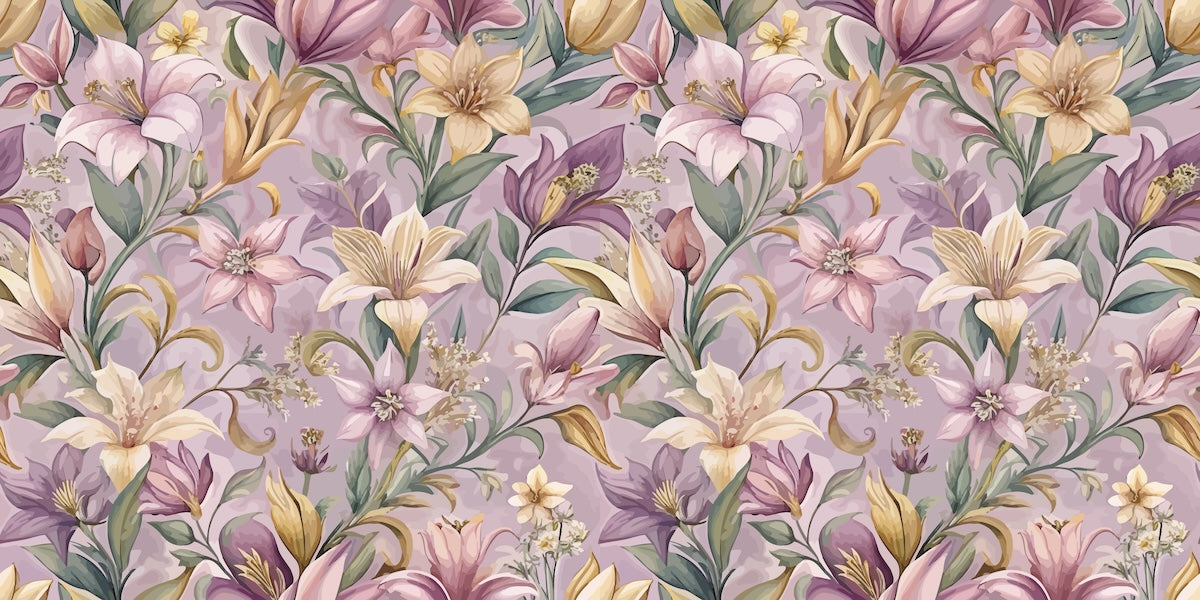 Papier peint fleuri - lys rétro mauves