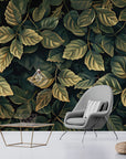 Papier Peint Design - Feuilles Vert Foncé