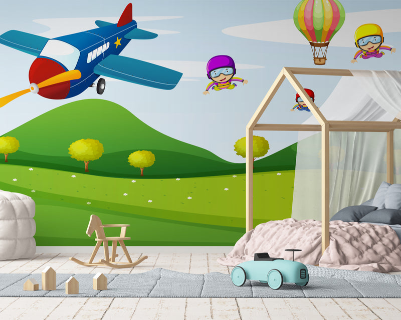 Papier Peint Enfant - Avion Et Montgolfière Colorée
