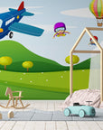 Papier Peint Enfant - Avion Et Montgolfière Colorée