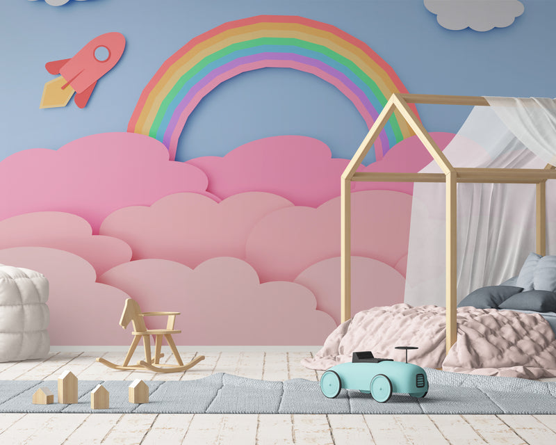Papier Peint Enfant - Arc-En-Ciel Et Nuages Doux