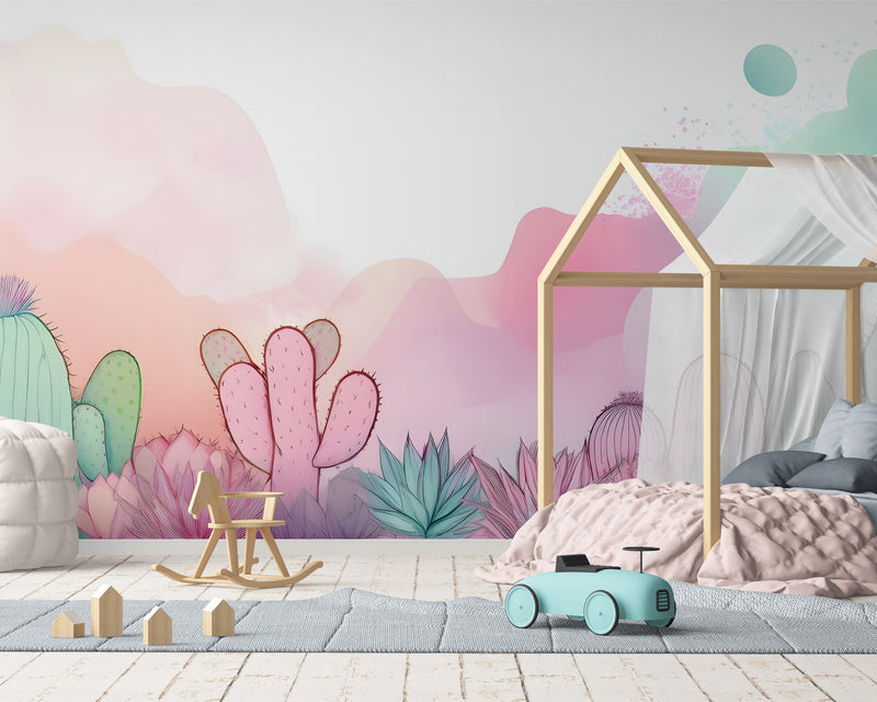 Papier Peint Enfant - Cactus Pastel Et Papillons