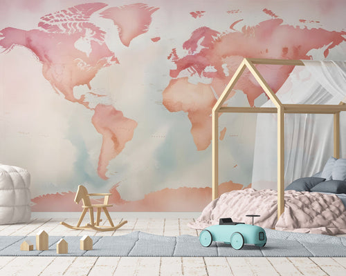 Papier Peint Enfant - Carte du Monde Fond Rose