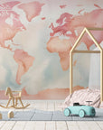 Papier Peint Enfant - Carte Du Monde Fond Rose