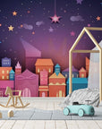 Papier Peint Enfant - Maisons Colorées Et Ciel Étoilé