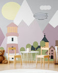 Papier Peint Enfant - Village Et Montagnes Roses