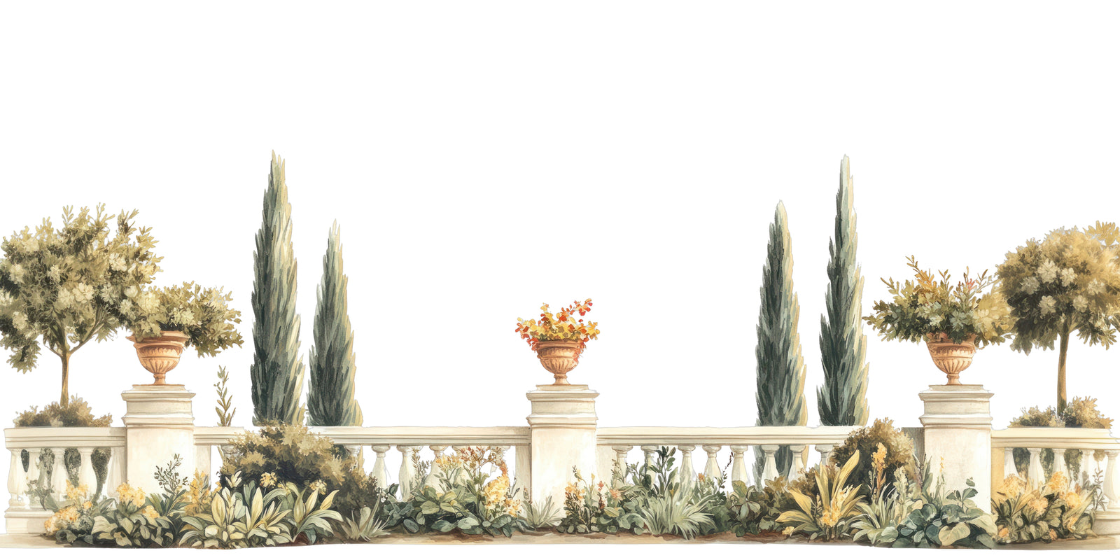 Papier peint campagne - balustrade et cyprès méditerranéens