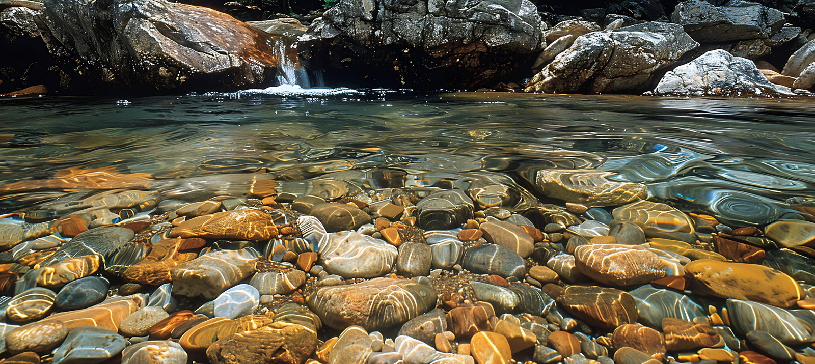 Papier peint cascades - lit de galets sous l'eau claire