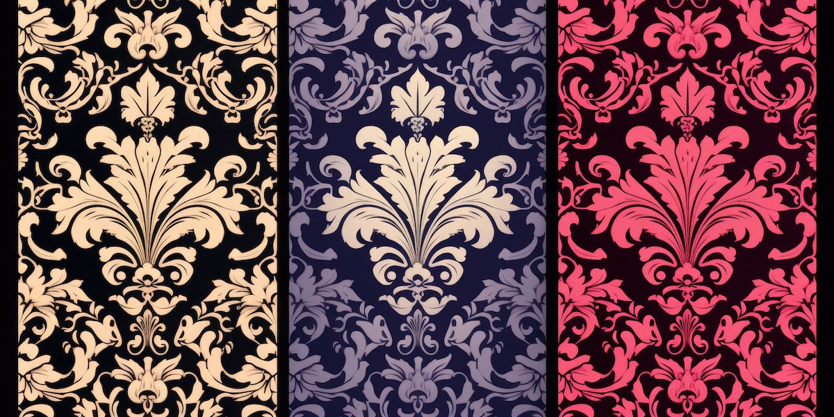Papier peint baroque - damas classique rose, bleu et noir