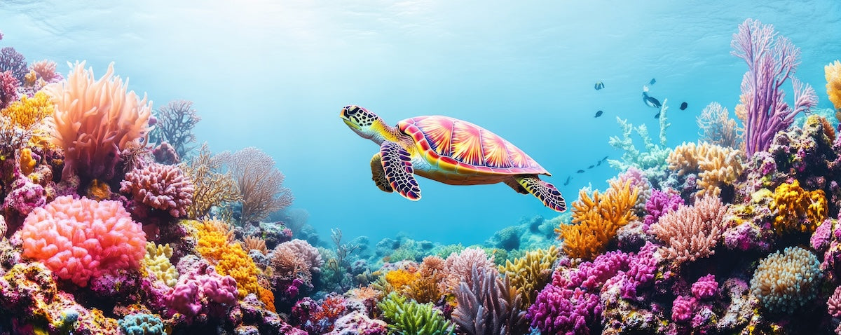 Papier peint animaux - tortue de mer glissant sur les coraux
