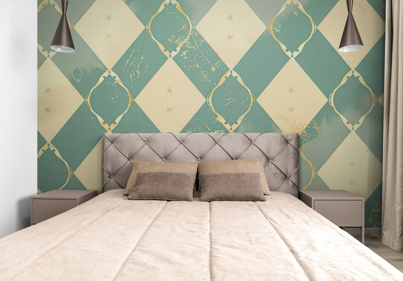 Papier Peint Géométrique - Vert Clair Et Doré