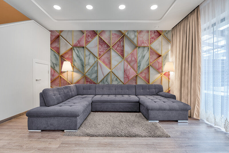 Papier Peint Design - Motifs Géométriques En Marbre Rose Et Blanc