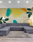 Papier Peint Art & Déco - Feuillage Tropical Bleu Jaune Et Blanc