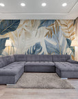 Papier Peint Design - Feuillage Tropical Gris Bleu Et Doré