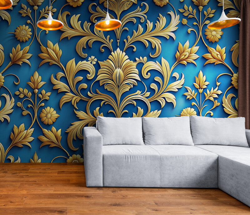 Papier Peint Baroque - Doré Et Bleu