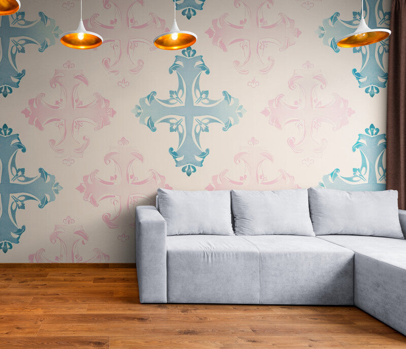 Papier Peint Baroque - Bleu Et Rose