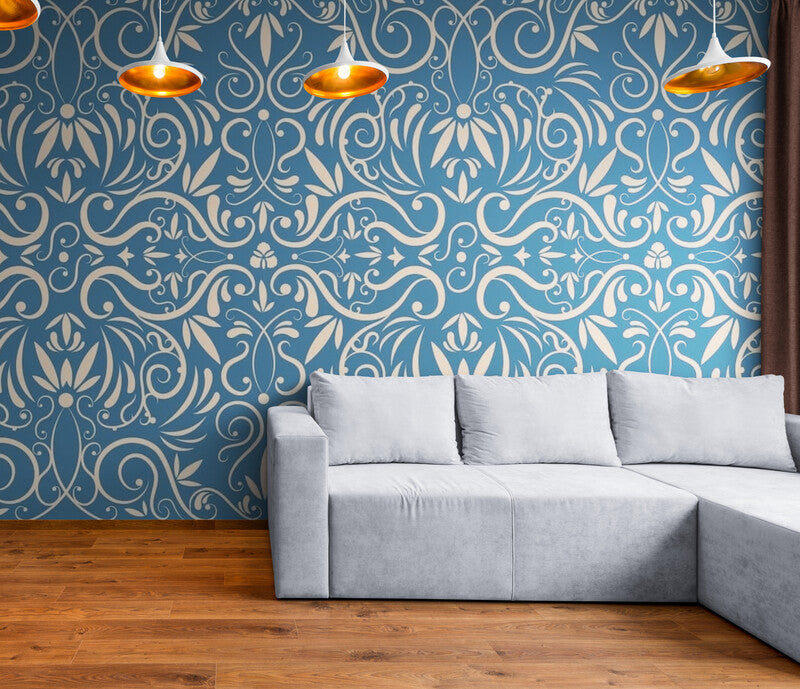 Papier Peint Baroque - Treillis Bleu Et Blanc