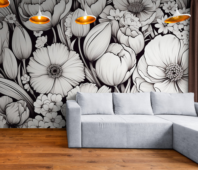 Papier Peint Floral - Motifs Floraux Noir Et Blanc